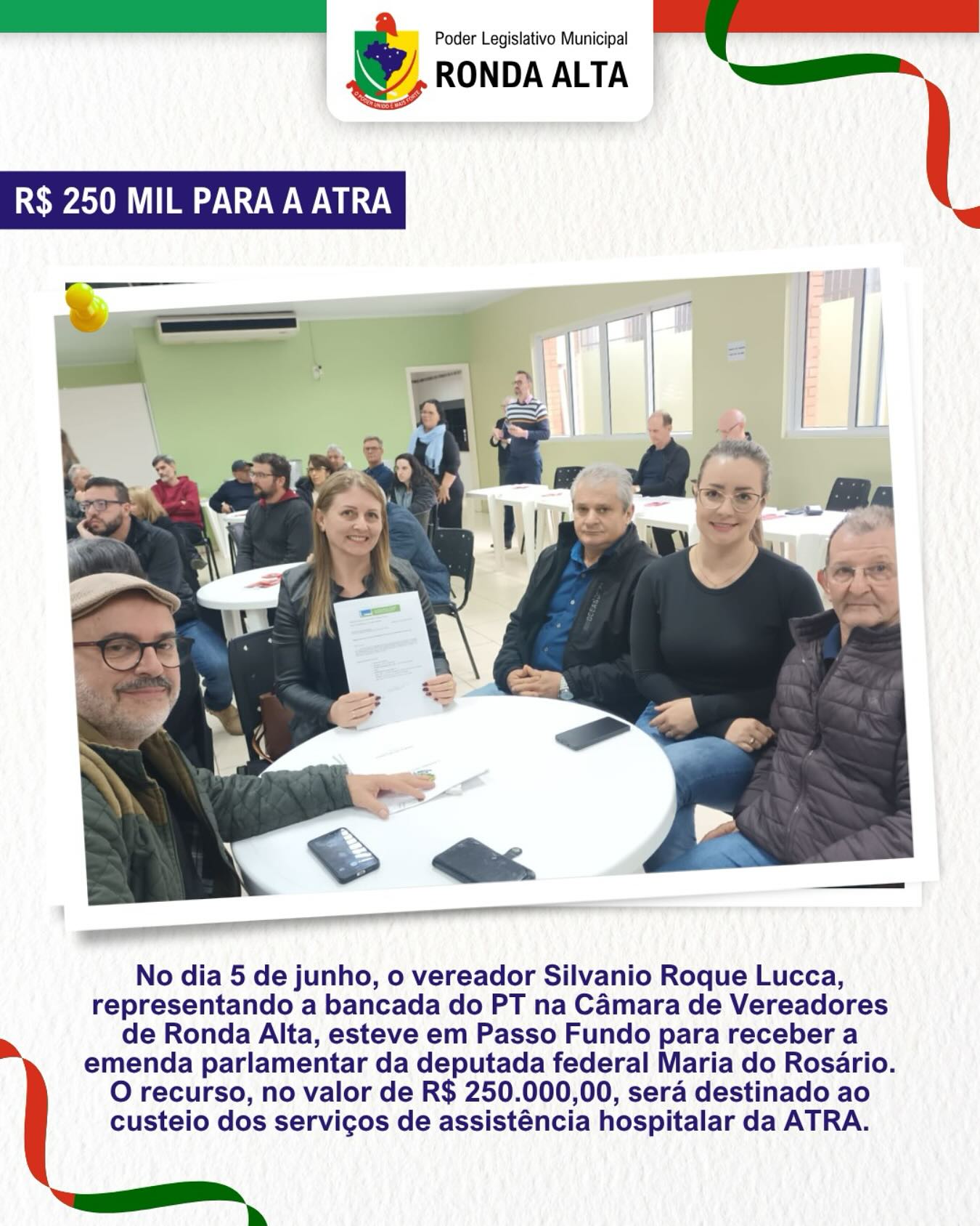 Recurso no valor de R$ 250.000,00 destinado ao custeio dos serviços de assistência hospitalar da ATRA.