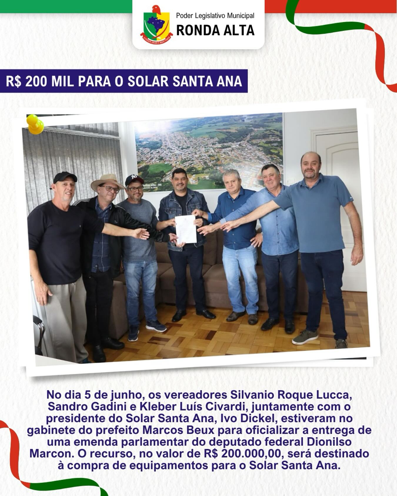 Recursos no valor de R$ 200.000,00, será destinado à compra de equipamentos para o Solar Santa Ana.