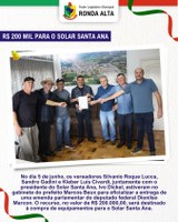 Recursos no valor de R$ 200.000,00, será destinado à compra de equipamentos para o Solar Santa Ana.